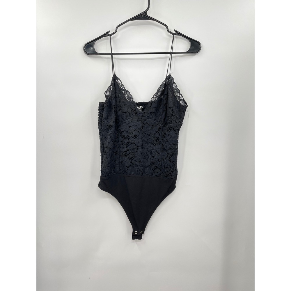 EXPRESS Black Lace Smocked Bodysuit Camisole Spaghetti Strap Women's M